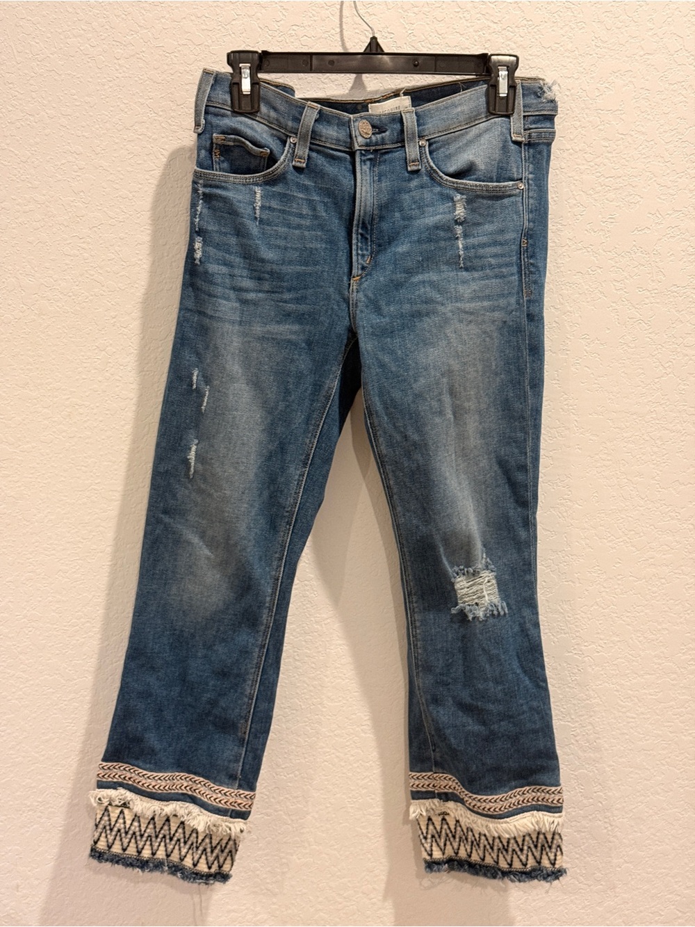 McGuire Denim Distressed‎ Blue Ankle Jeans with Embroidered Fringed Cuffs